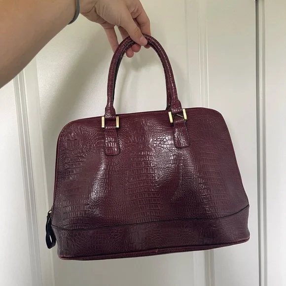 Burgundy Leather Handbag With A Crocodile Leather Texture